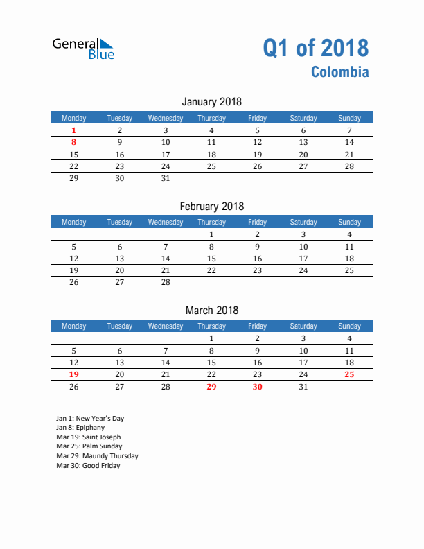 Colombia 2018 Quarterly Calendar with Monday Start