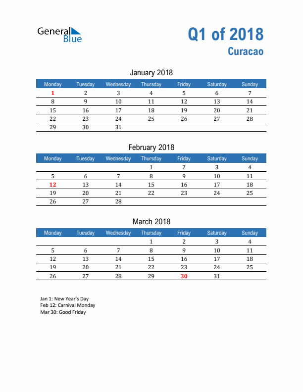 Curacao 2018 Quarterly Calendar with Monday Start