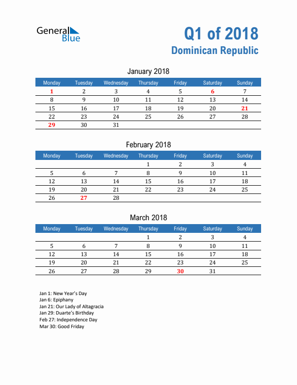 Dominican Republic 2018 Quarterly Calendar with Monday Start