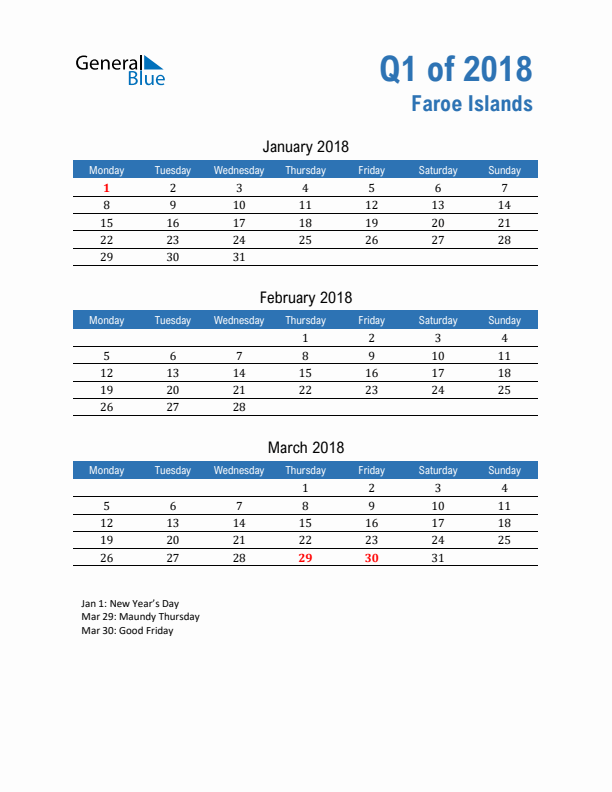 Faroe Islands 2018 Quarterly Calendar with Monday Start