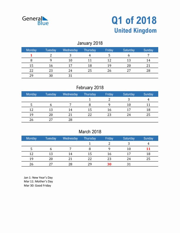 United Kingdom 2018 Quarterly Calendar with Monday Start