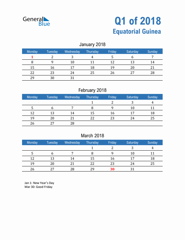 Equatorial Guinea 2018 Quarterly Calendar with Monday Start