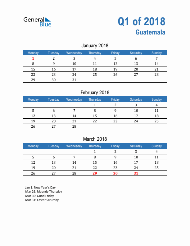 Guatemala 2018 Quarterly Calendar with Monday Start