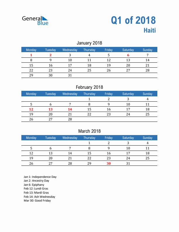Haiti 2018 Quarterly Calendar with Monday Start