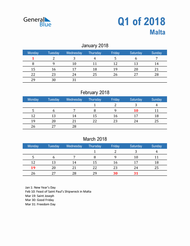 Malta 2018 Quarterly Calendar with Monday Start