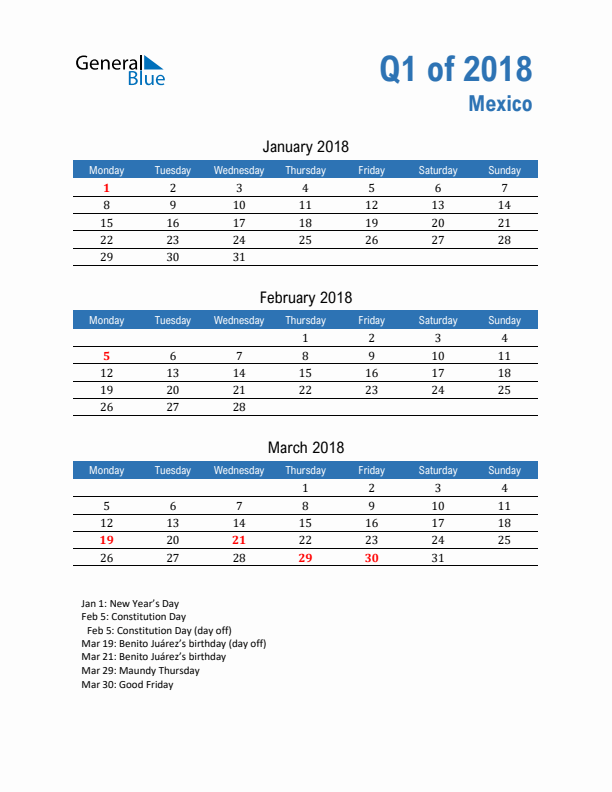 Mexico 2018 Quarterly Calendar with Monday Start