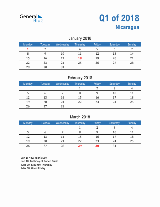 Nicaragua 2018 Quarterly Calendar with Monday Start