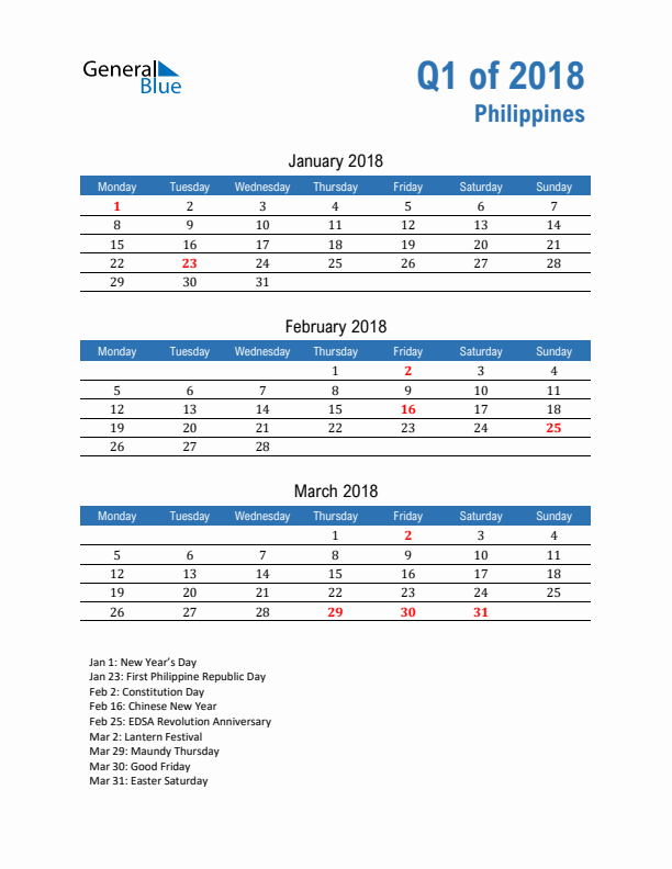 Philippines 2018 Quarterly Calendar with Monday Start