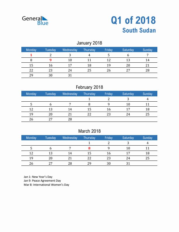 South Sudan 2018 Quarterly Calendar with Monday Start