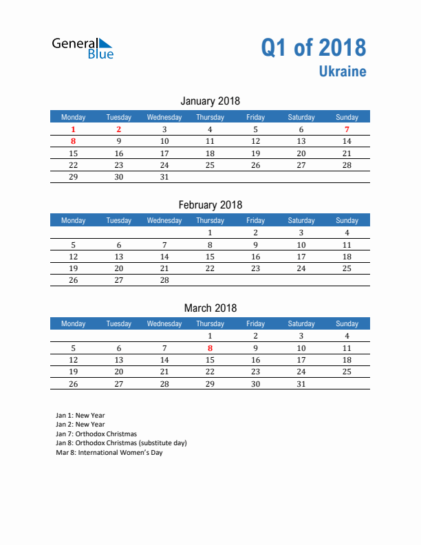Ukraine 2018 Quarterly Calendar with Monday Start