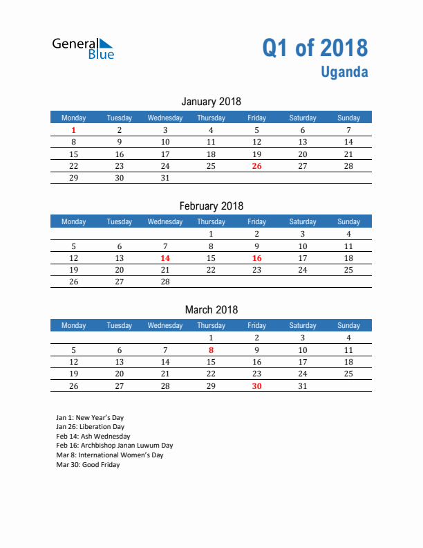 Uganda 2018 Quarterly Calendar with Monday Start
