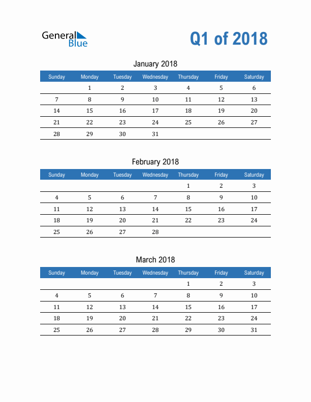 Fillable Quarterly Calendar for Q1 2018