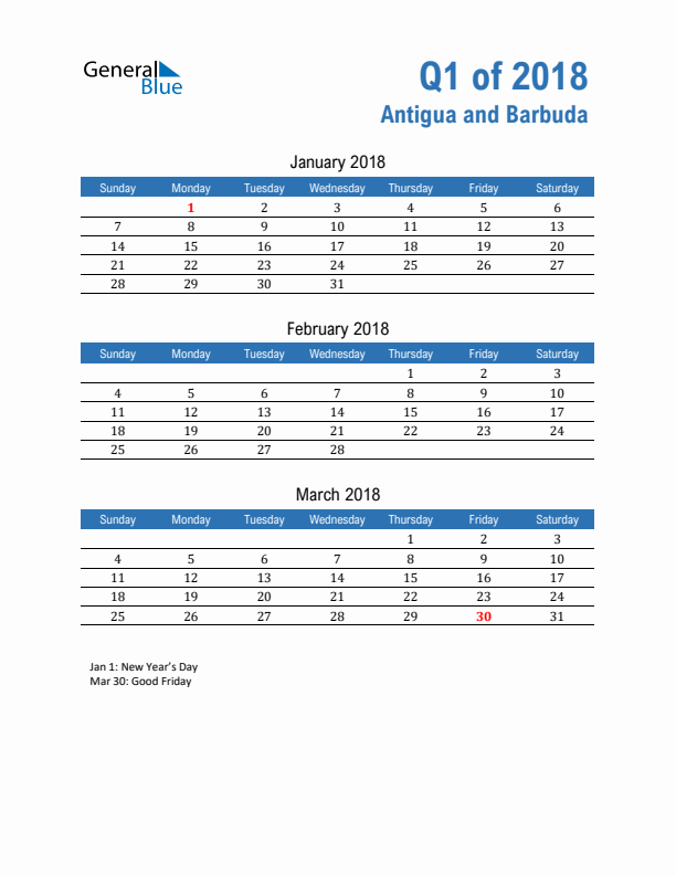 Antigua and Barbuda 2018 Quarterly Calendar with Sunday Start
