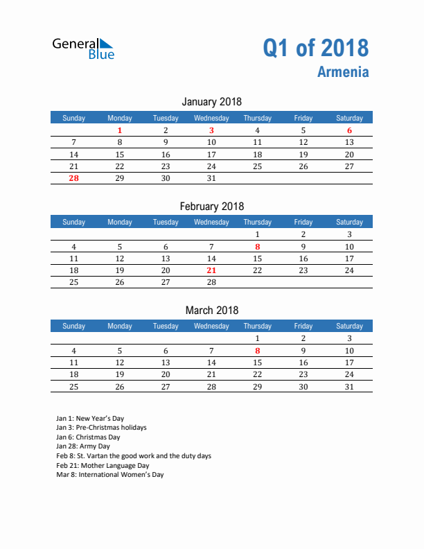 Armenia 2018 Quarterly Calendar with Sunday Start