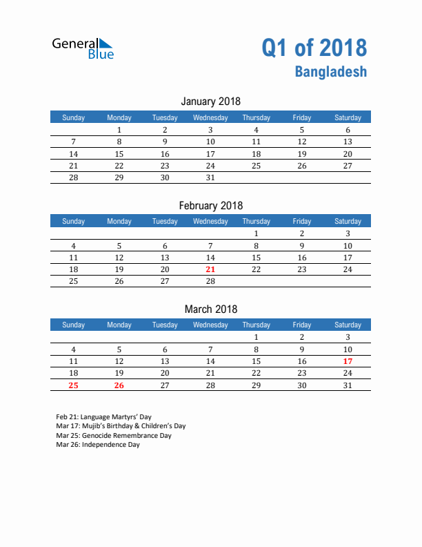 Bangladesh 2018 Quarterly Calendar with Sunday Start