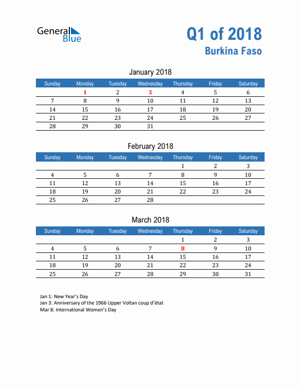 Burkina Faso 2018 Quarterly Calendar with Sunday Start