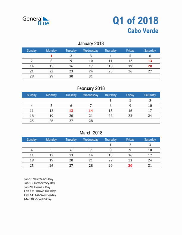 Cabo Verde 2018 Quarterly Calendar with Sunday Start