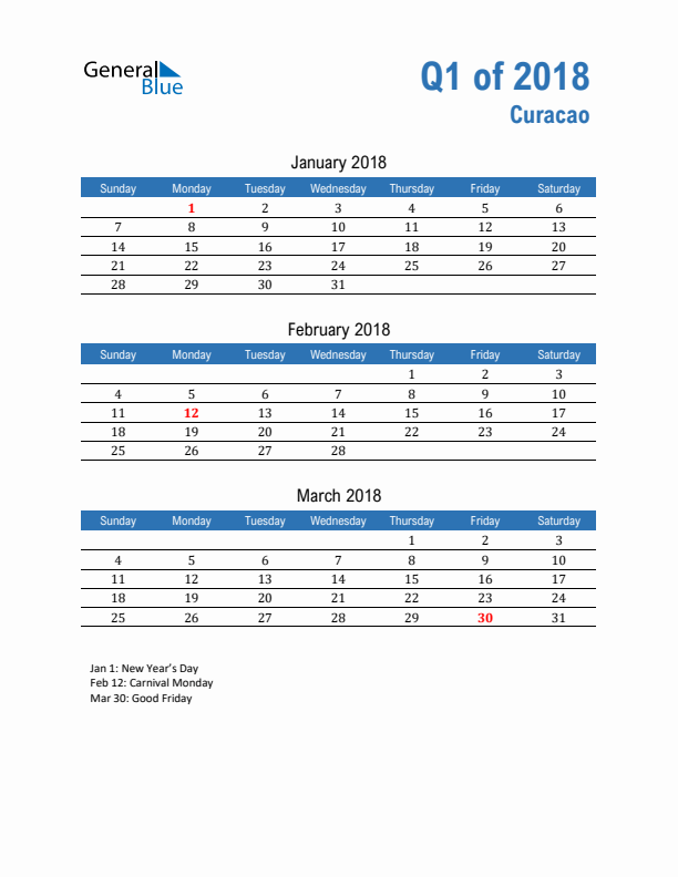 Curacao 2018 Quarterly Calendar with Sunday Start