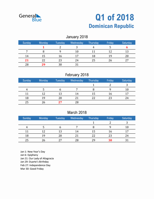 Dominican Republic 2018 Quarterly Calendar with Sunday Start