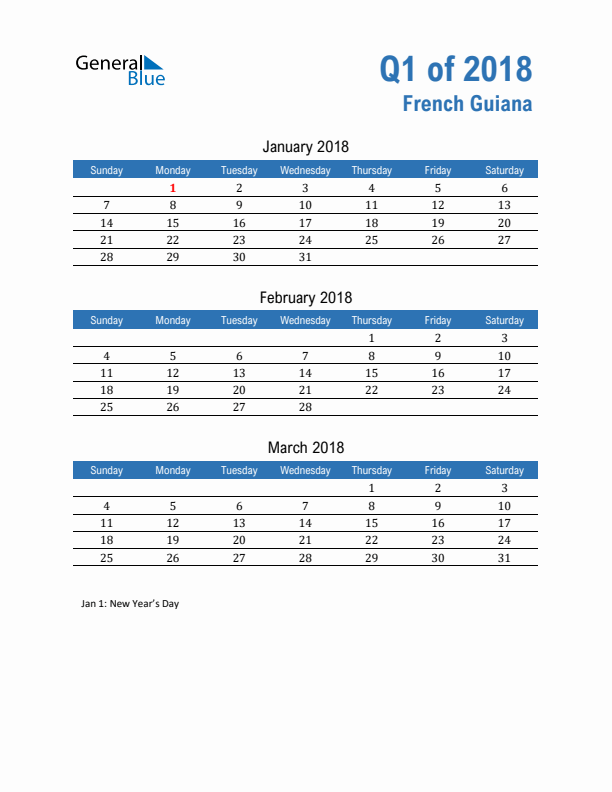 French Guiana 2018 Quarterly Calendar with Sunday Start
