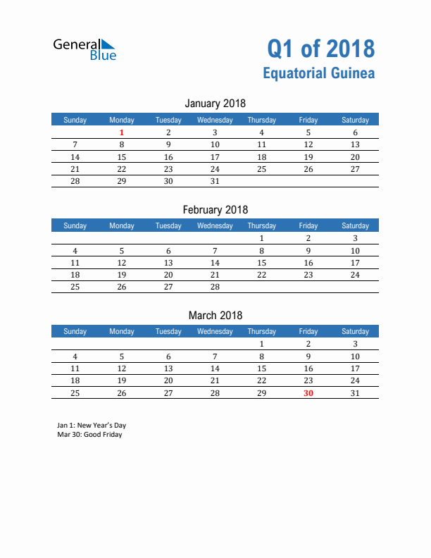 Equatorial Guinea 2018 Quarterly Calendar with Sunday Start
