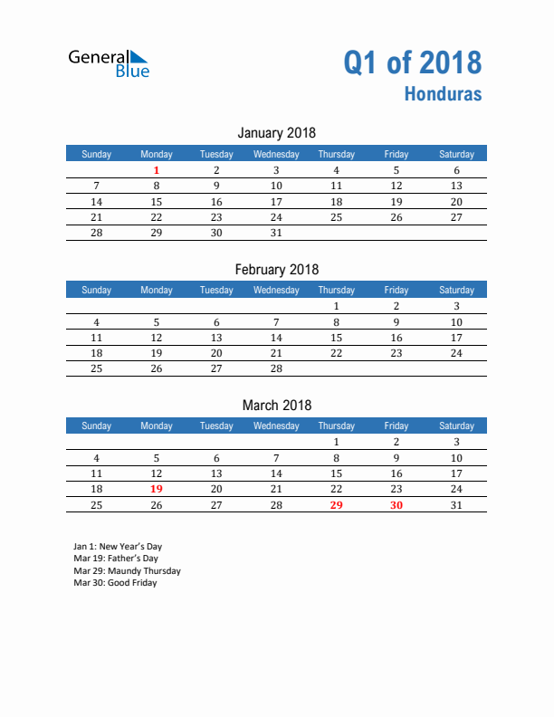 Honduras 2018 Quarterly Calendar with Sunday Start