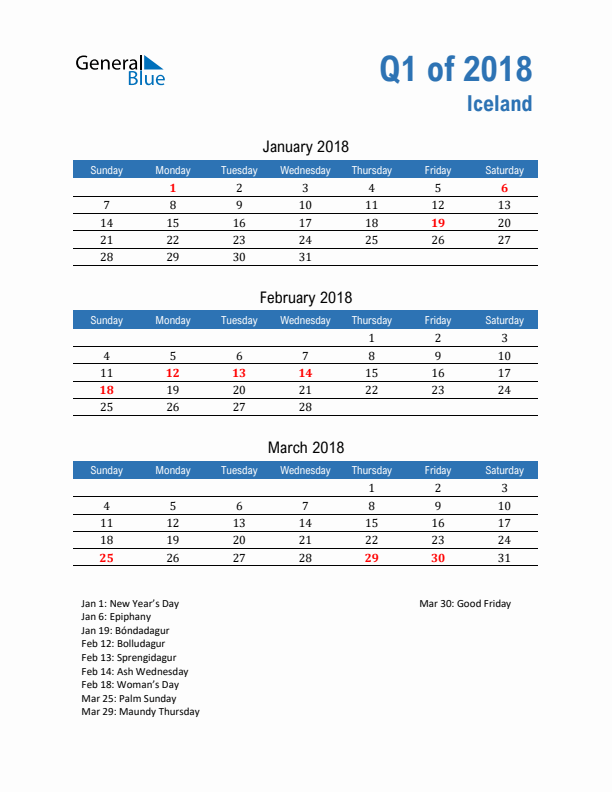 Iceland 2018 Quarterly Calendar with Sunday Start