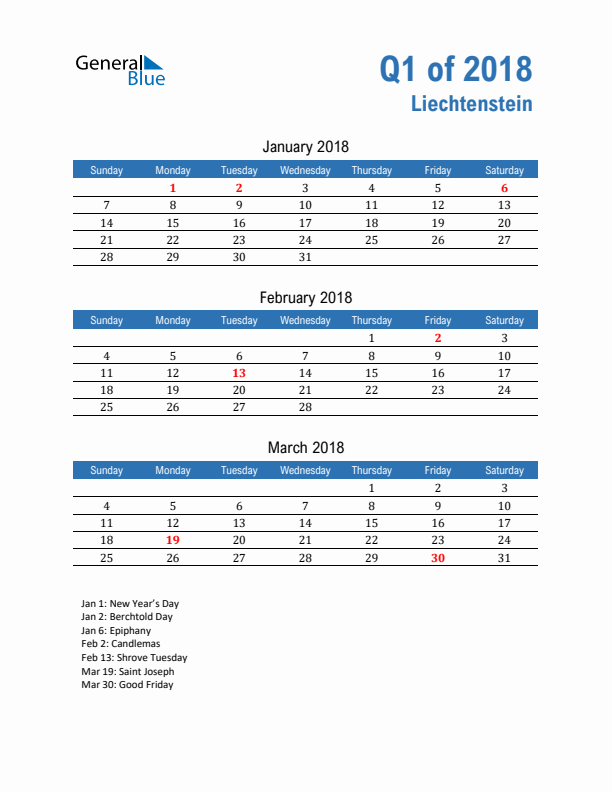 Liechtenstein 2018 Quarterly Calendar with Sunday Start