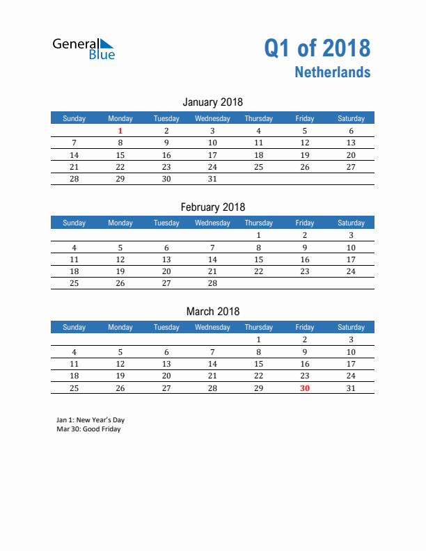 The Netherlands 2018 Quarterly Calendar with Sunday Start