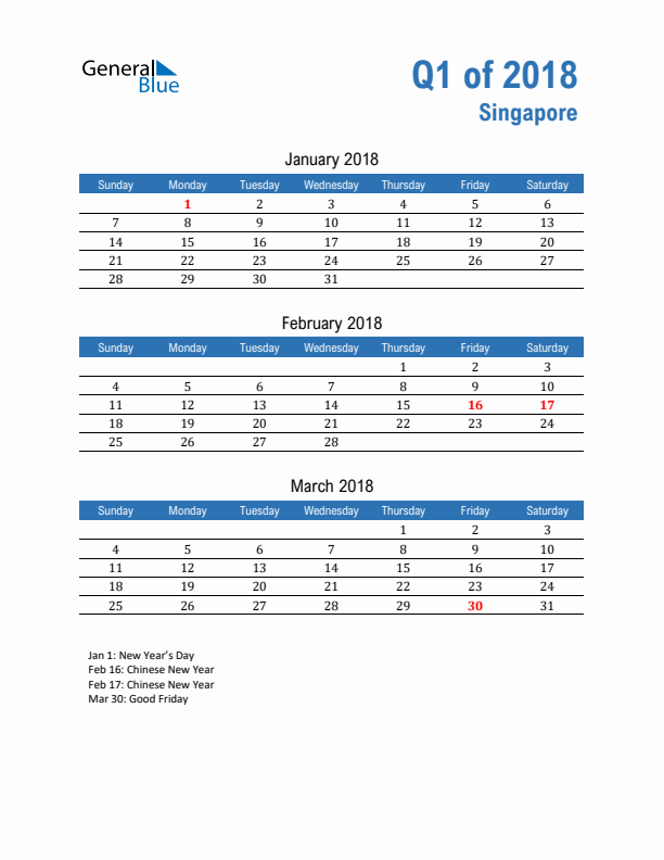 Singapore 2018 Quarterly Calendar with Sunday Start