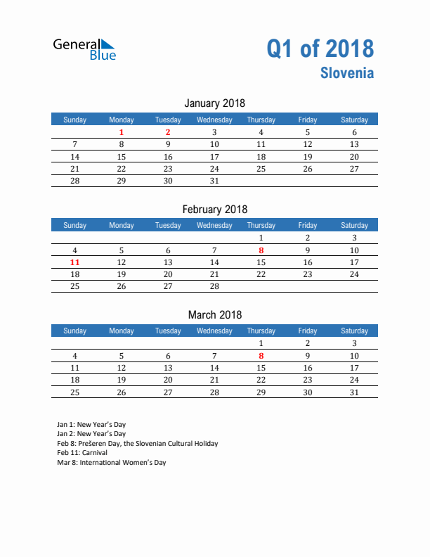 Slovenia 2018 Quarterly Calendar with Sunday Start