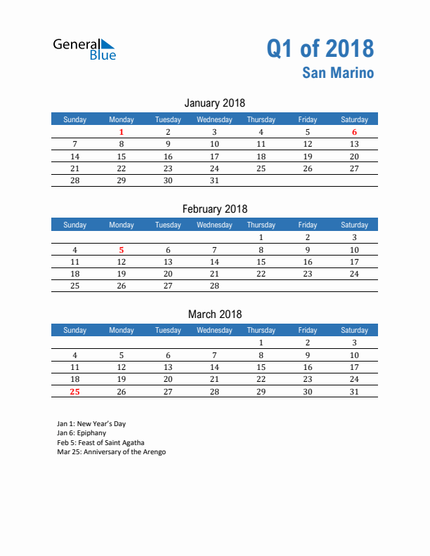 San Marino 2018 Quarterly Calendar with Sunday Start