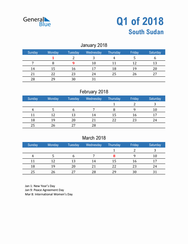 South Sudan 2018 Quarterly Calendar with Sunday Start