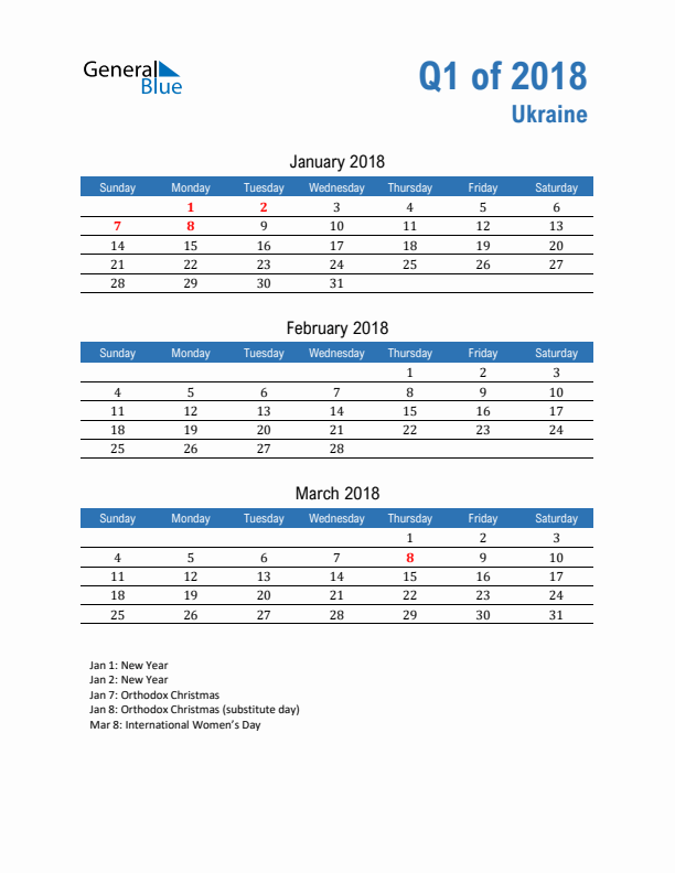 Ukraine 2018 Quarterly Calendar with Sunday Start