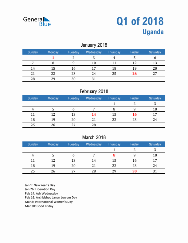 Uganda 2018 Quarterly Calendar with Sunday Start