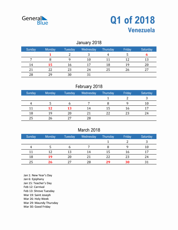 Venezuela 2018 Quarterly Calendar with Sunday Start