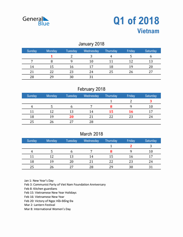 Vietnam 2018 Quarterly Calendar with Sunday Start