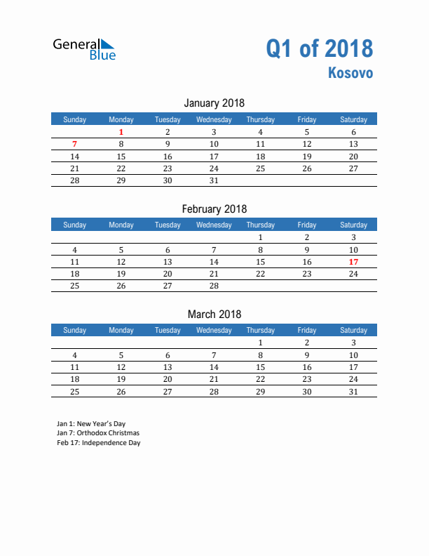 Kosovo 2018 Quarterly Calendar with Sunday Start