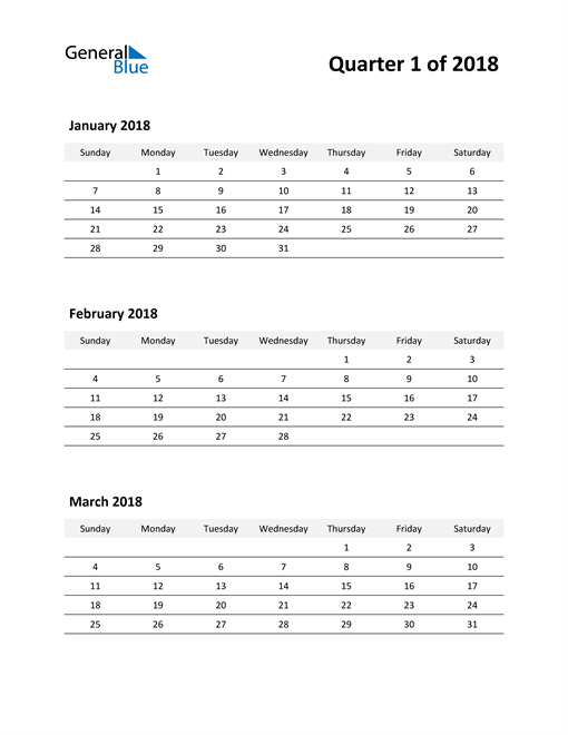 Q1 18 Quarterly Calendar Pdf Word Excel