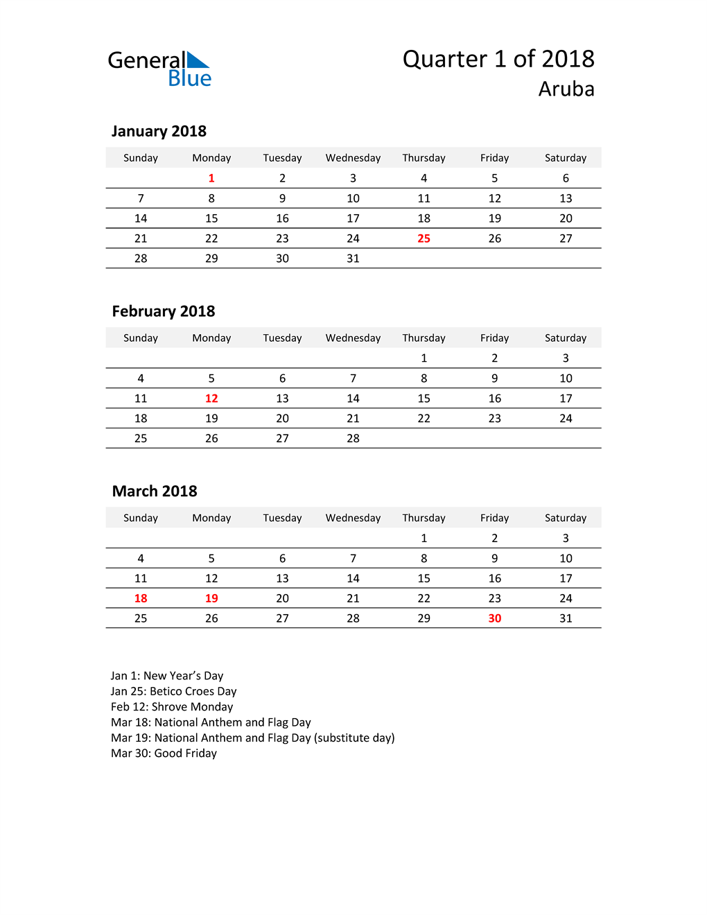  2018 Three-Month Calendar for Aruba