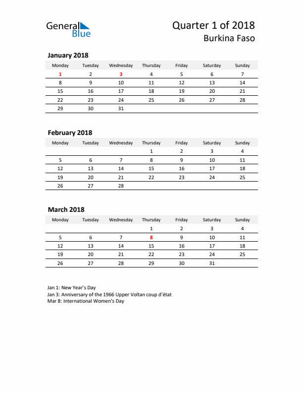 2018 Three-Month Calendar for Burkina Faso