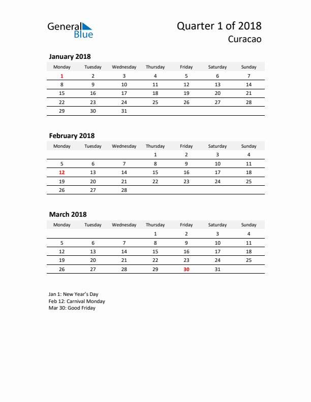 2018 Three-Month Calendar for Curacao