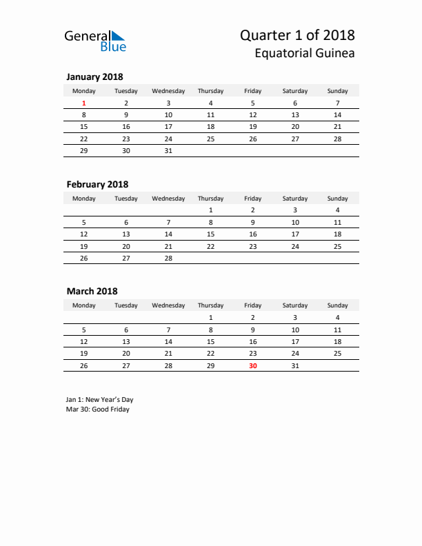 2018 Three-Month Calendar for Equatorial Guinea