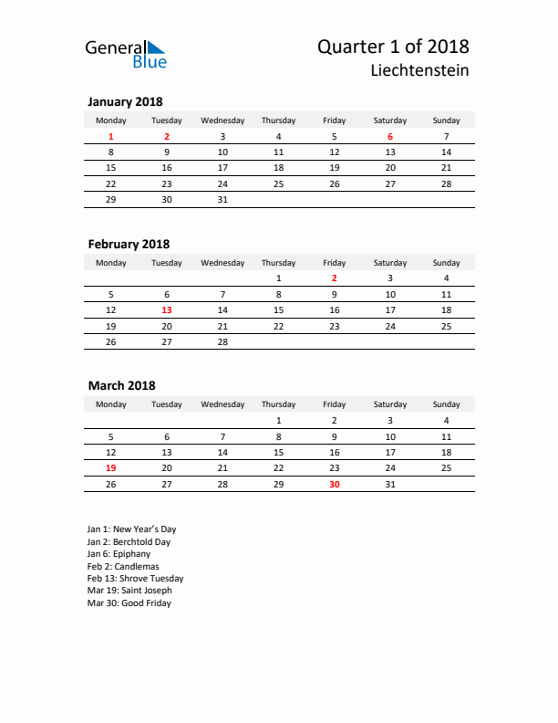 2018 Three-Month Calendar for Liechtenstein