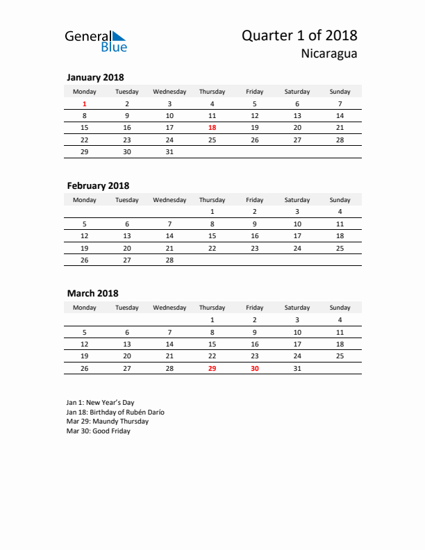 2018 Three-Month Calendar for Nicaragua