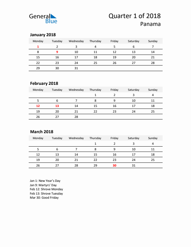 2018 Three-Month Calendar for Panama