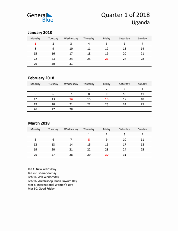 2018 Three-Month Calendar for Uganda