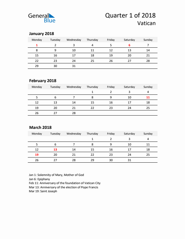 2018 Three-Month Calendar for Vatican