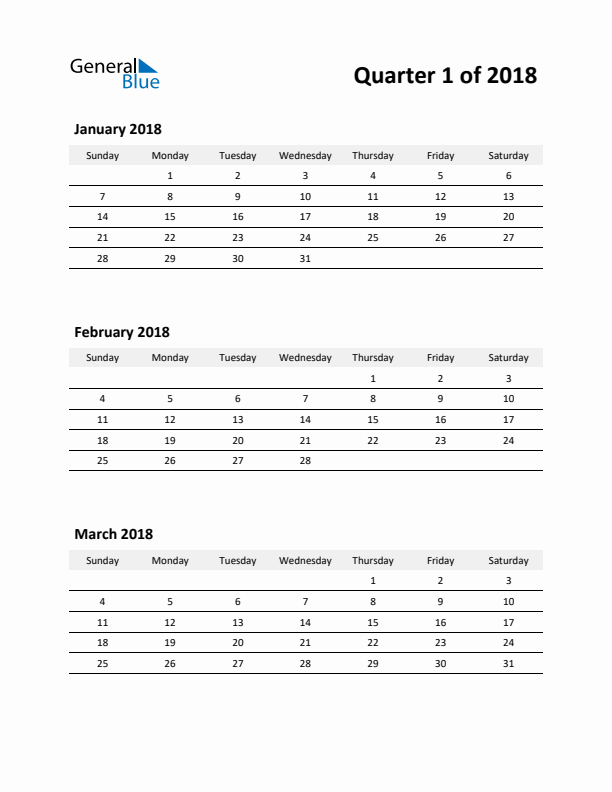 2018 Three-Month Calendar (Quarter 1)