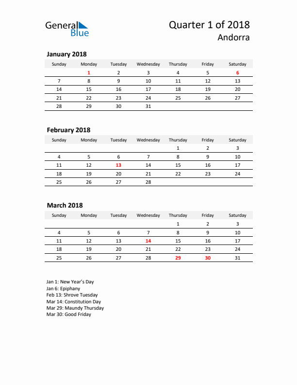 2018 Three-Month Calendar for Andorra